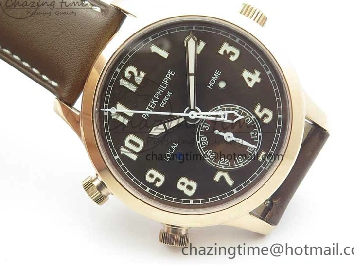 MIROTIME 1219 Calatrava 5524R Pilot Travel Time RG GRF Brown Dial on Brown Leather Strap MIYOTA TopPick 7155